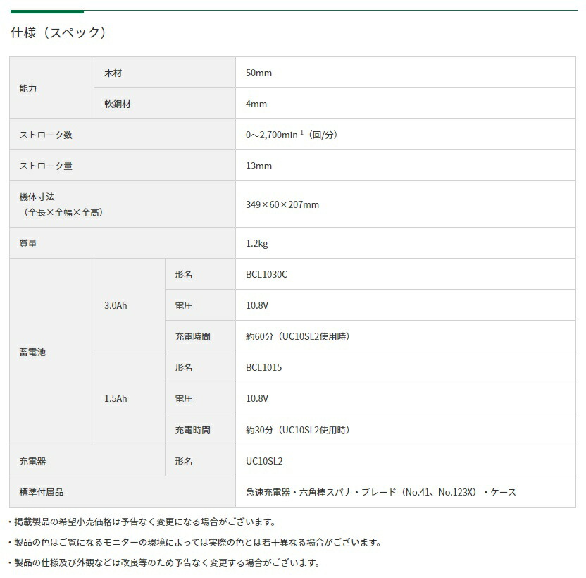 HiKOKI コードレスミニソー CJ10DL(LMSK) バッテリ(BCL1030C)+急速充電