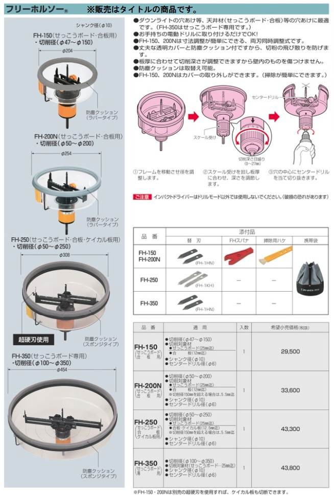 未来工業 FH-250 フリーホルソー 切削径φ50〜250mm せっこうボード