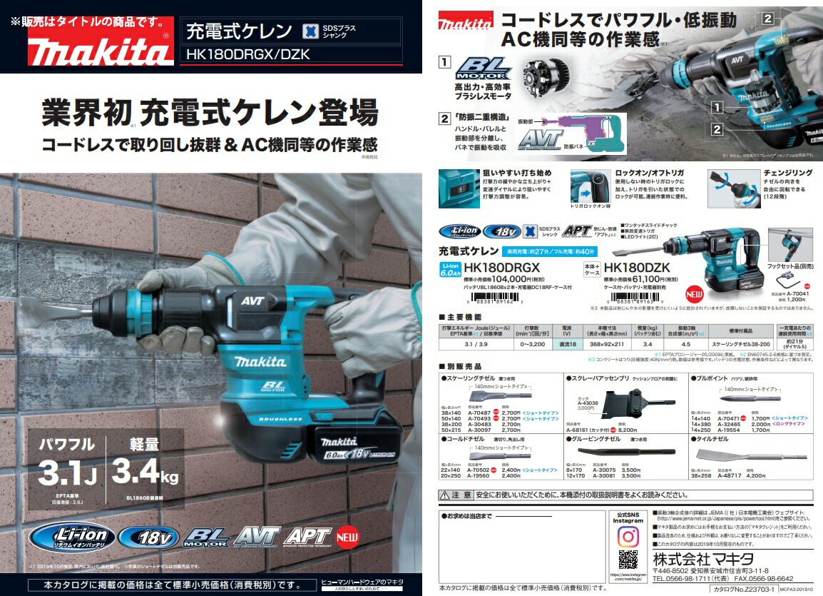 マキタ (マキタ) 充電式ケレン HK180DZK 本体+ケース付 SDS マキタ (マキタ) 充電式ケレン HK180DZK 本体+ケース付 SDS