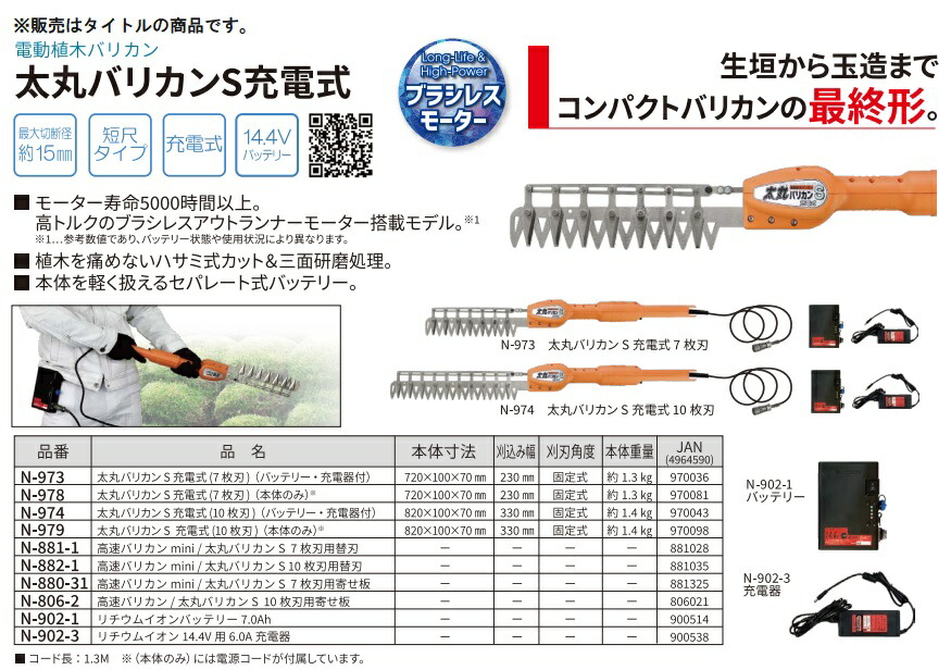 ニシガキ 太丸バリカンS充電式 10枚刃 N-974 バッテリ・充電器付 : n