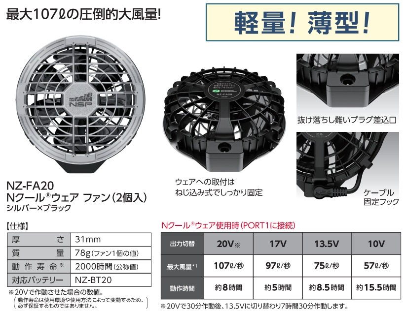 NSP N COOL 空調服 NZ-SK20 2Lフルセット❗️ 空調服 NZ-SK20 Nクールウェア用スターターキット ブラック 空調