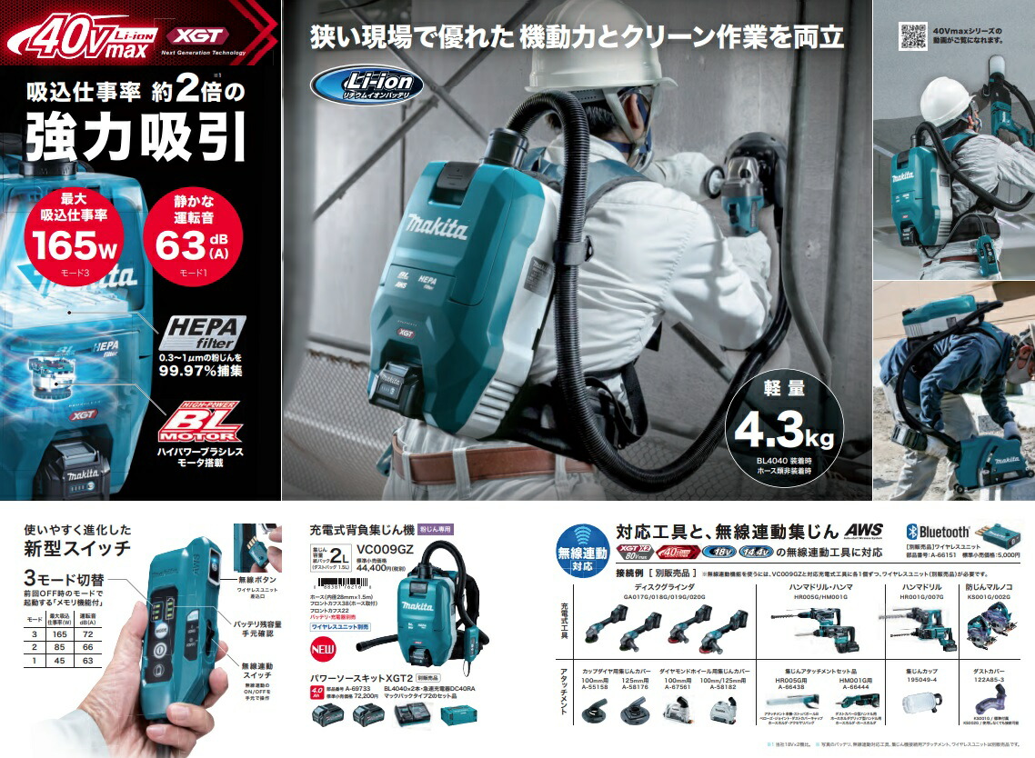 マキタ) 充電式背負集じん機 VC009GZ 本体のみ 集じん容量2.0L 粉じん