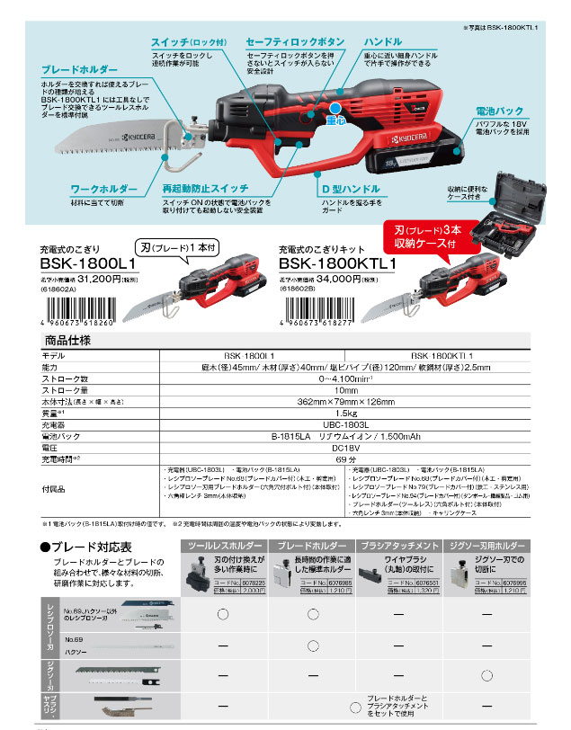 京セラパワー 充電式のこぎり BSK-1800L1 ケースなし (618602A) :BSK-1800L1-618602A:ヤマムラ本店 通販  