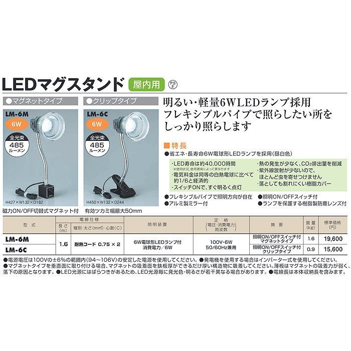 ハタヤリミテッド ハタヤ LM-6M LEDマグスタンド 6WLED 電線1．6m