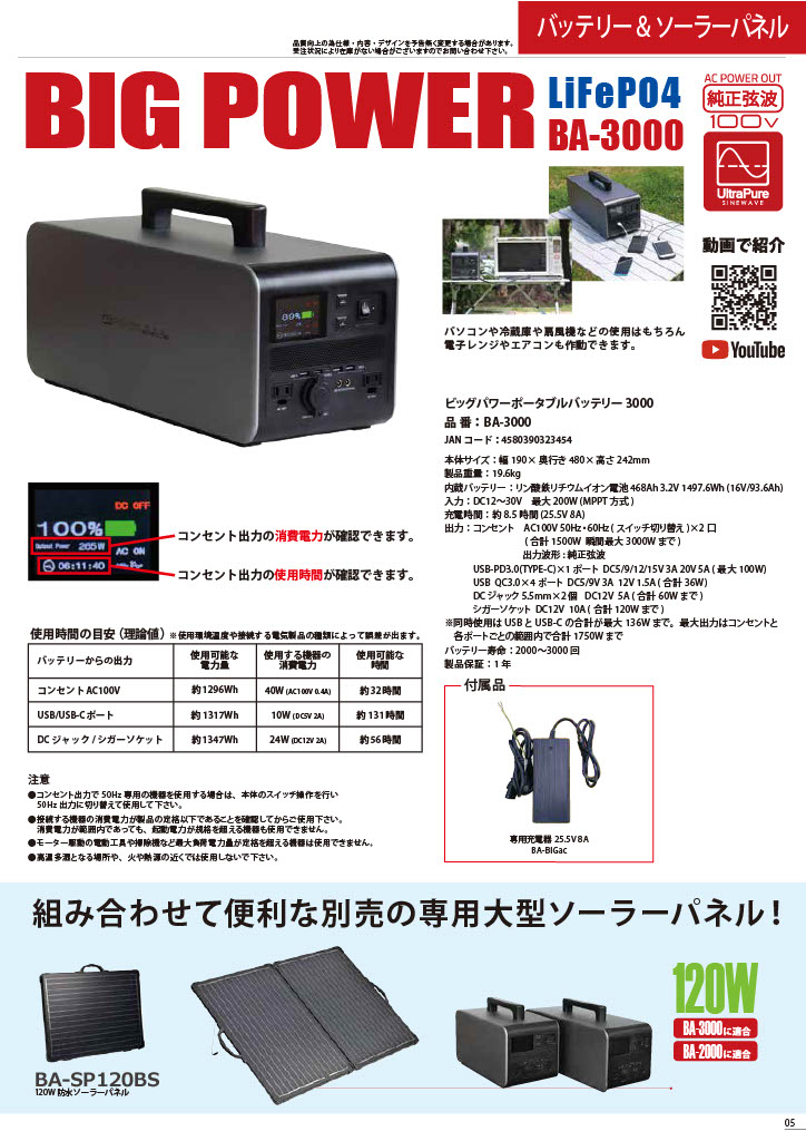 富士倉 ビックパワーポータブルバッテリー3000 BA-3000 : ツールズ匠