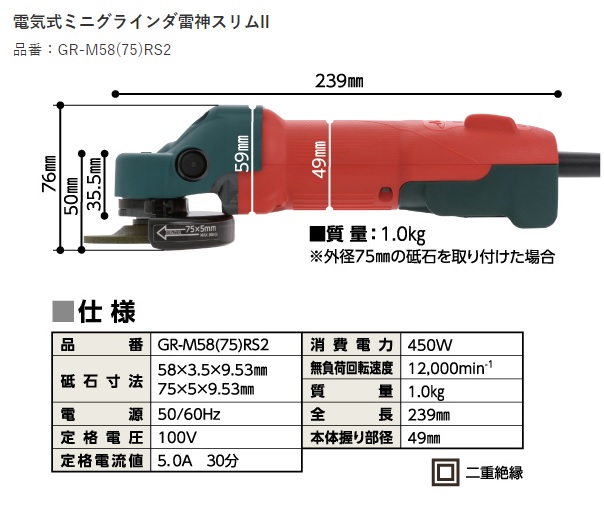 ニューレジストン NRS 電気式ミニグラインダ雷神スリムII 6点セット GR-M58(75)RS2