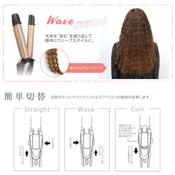 ヘアアイロン 3WAY ストレート カール ウェーブ 最高210℃ 高温設定