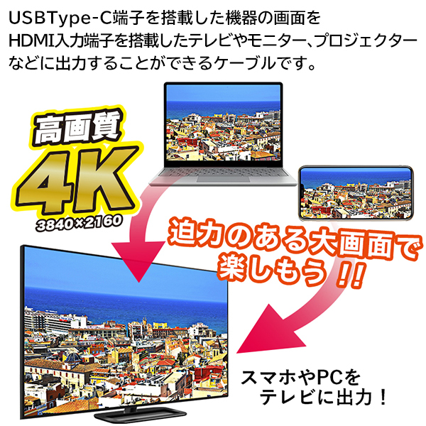 Type C用 Hdmi 変換ケーブル 4k対応 高画質 高解像度 スマホ パソコンの画面をテレビに出力 ゲーム ミラーリング 接続 T Cケーブルdl 動画 大画面 激安超特価
