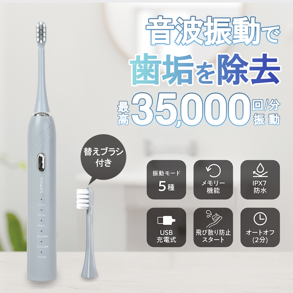 電波歯ブラシ USB充電式 防水IPX7 5種振動モード 先細ブラシ オート