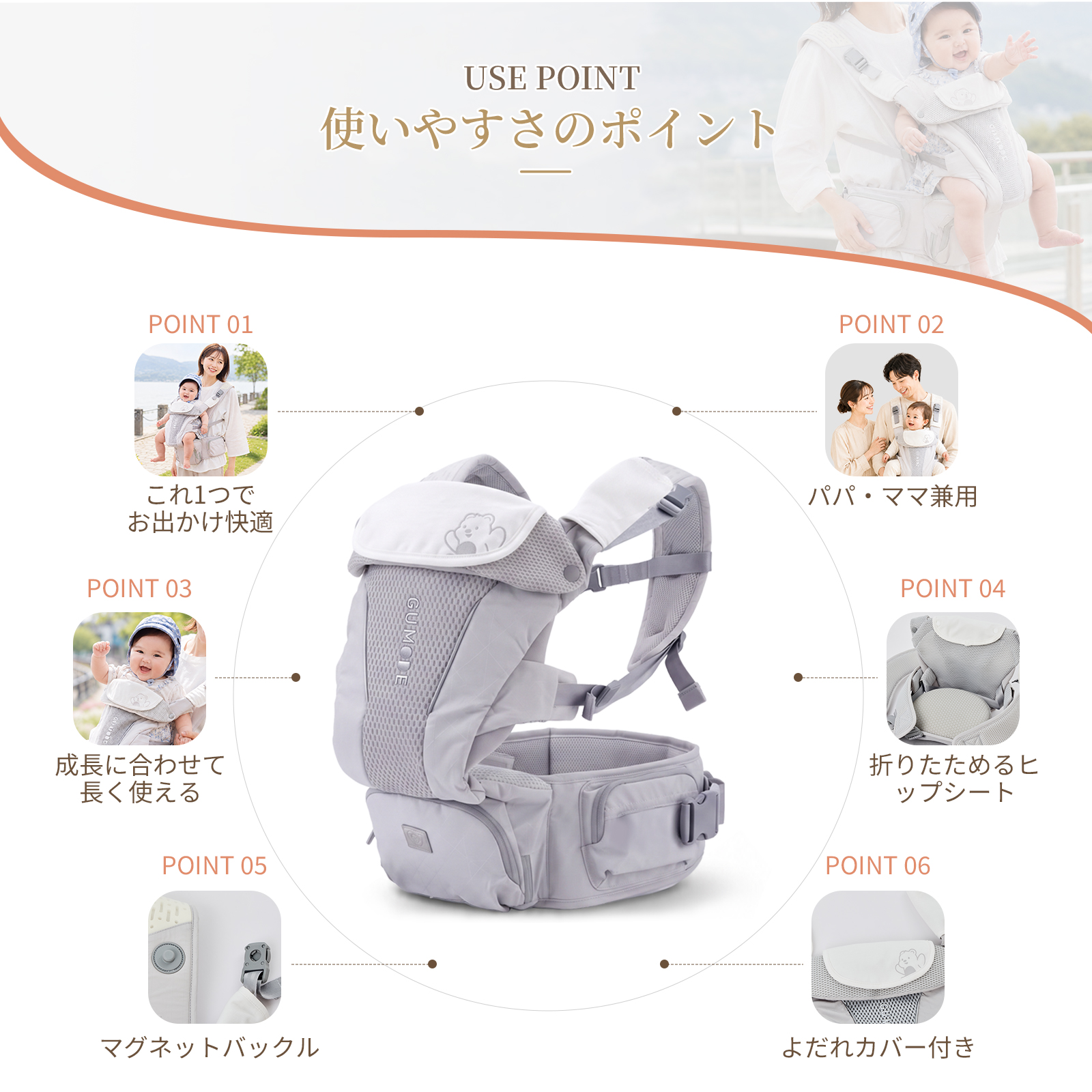 GU MODE 抱っこひも ヒップシート付き 抱っこ紐 だっこひも 新生児 ベビーキャリア 6WAY 多機能 赤ちゃん 前向き おんぶ 出産祝い ギフト 爆買 | GU MODE | 05