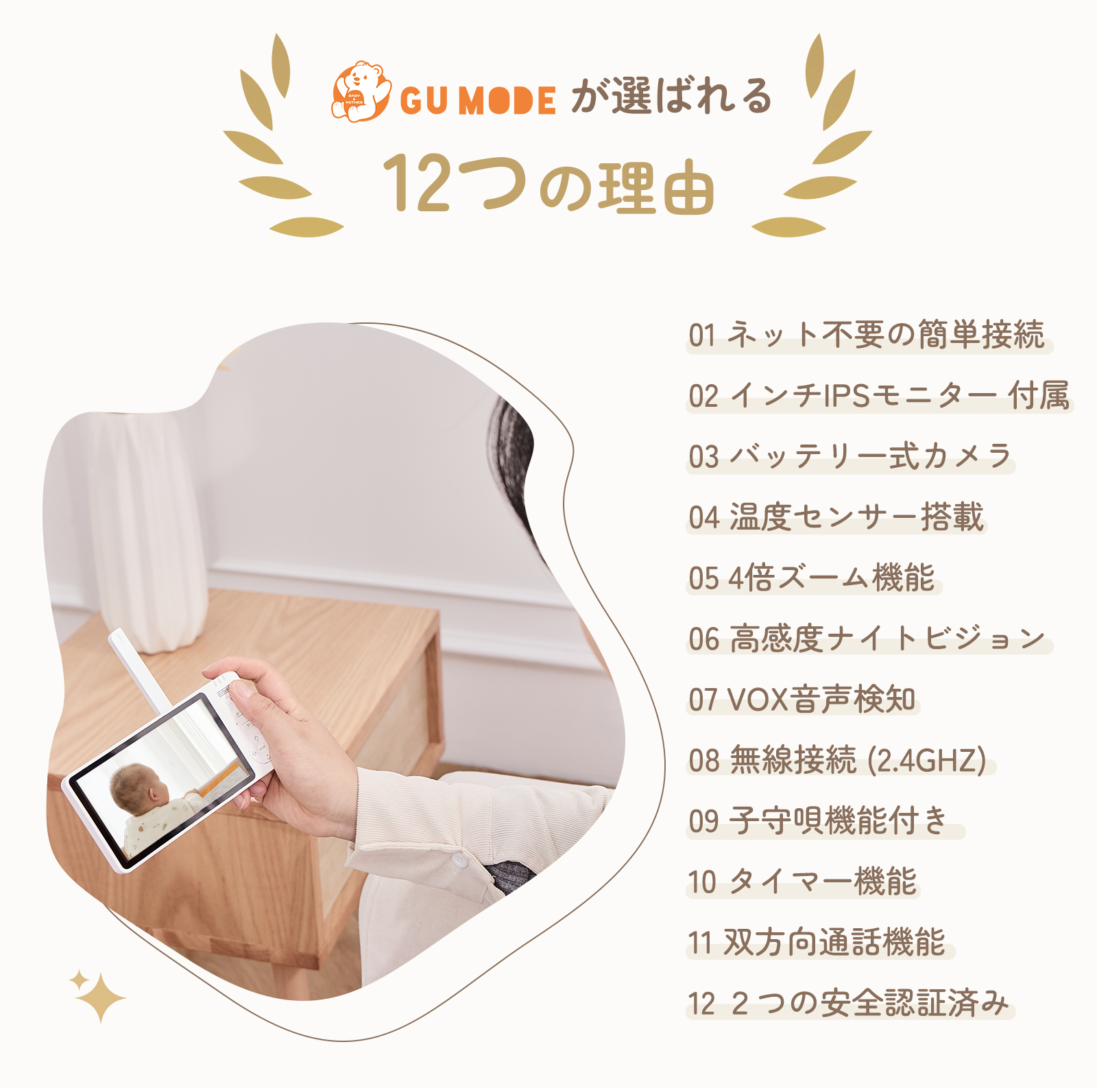 GU MODE ベビーモニター 1年保証 ベビーカメラ 5.0インチIPS高画質 ナイトビジョン 温度警報 VOX機能 双方向通話 録画 爆買 関連画像4