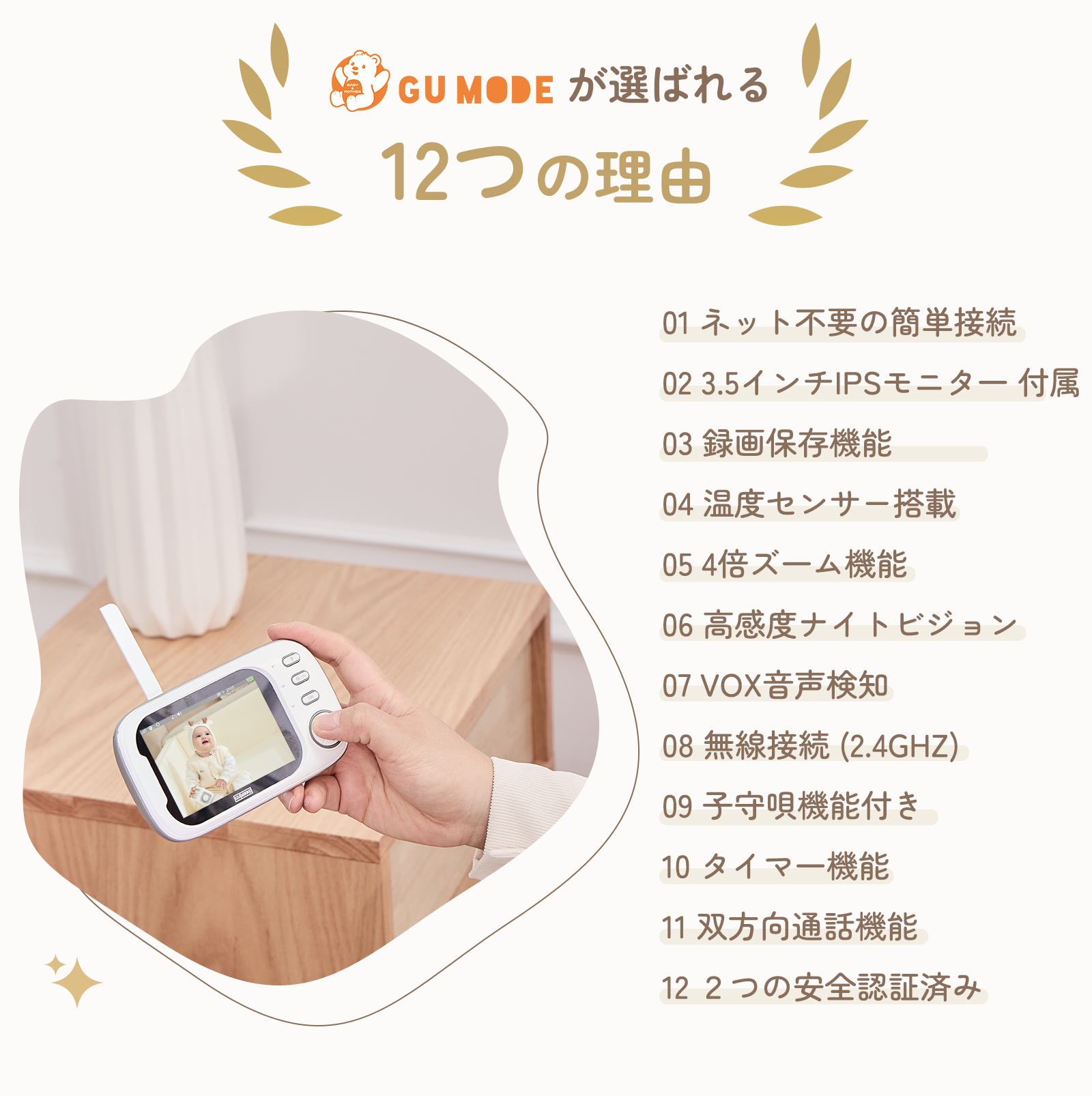 【1年保証】ベビーモニター ベビーカメラ 3.5インチIPS高画質 ナイトビジョン 温度警報 VOX機能 双方向通話 録画 microSD対応 bm02 GU MODE 爆買 |  | 05