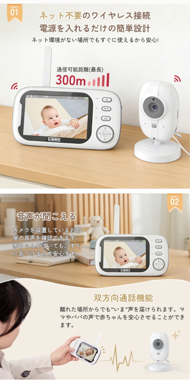 【1年保証】ベビーモニター ベビーカメラ 3.5インチIPS高画質 ナイトビジョン 温度警報 VOX機能 双方向通話 録画 microSD対応 bm02 GU MODE 爆買 |  | 07