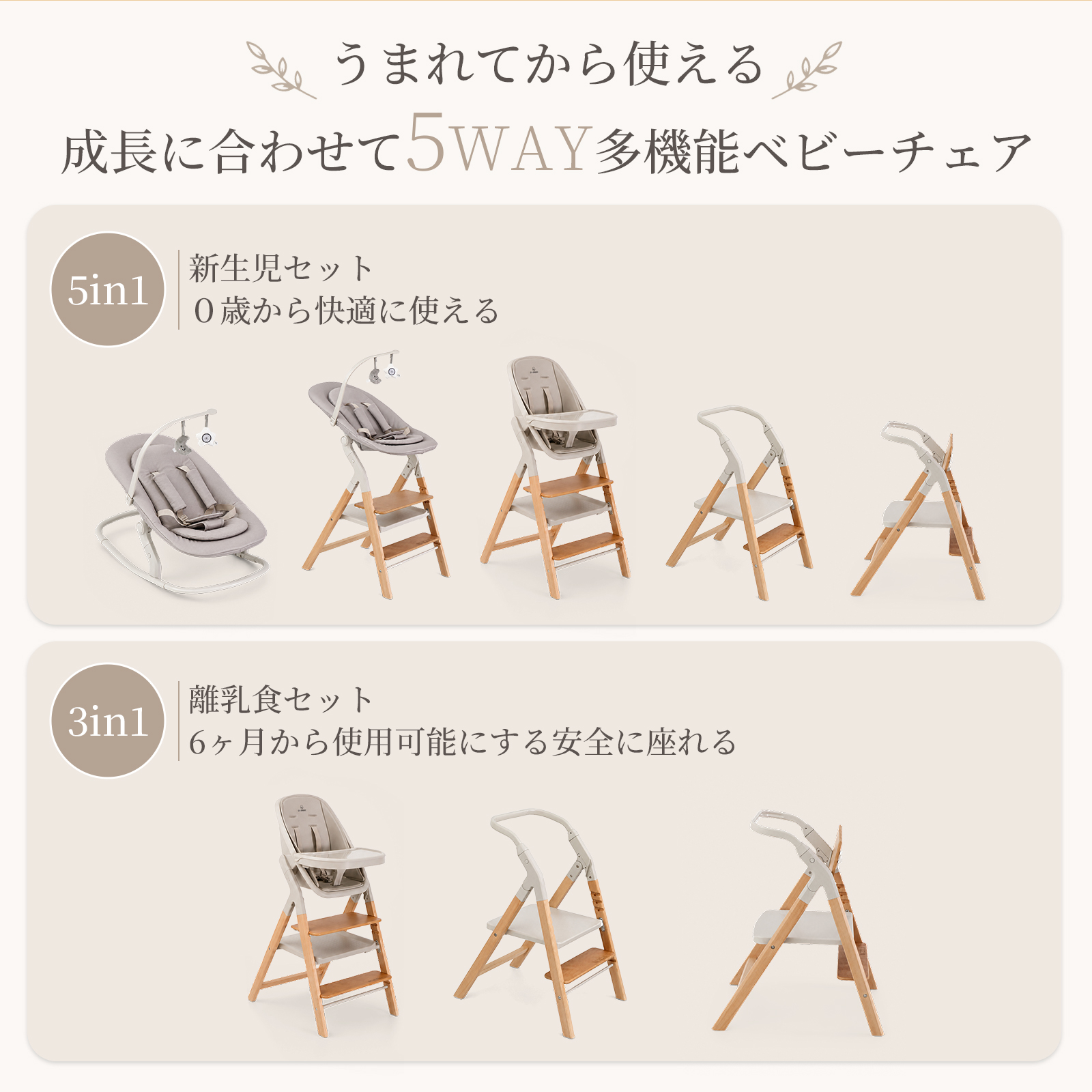 GUMODE 【3in1＆5in1】木製 マルチベビーチェア 赤ちゃん 椅子 テーブル ハイチェア キッズチェア ラーニングタワー バウンサー  ダイニングチェアー 折りたたみ | GU MODE | 02