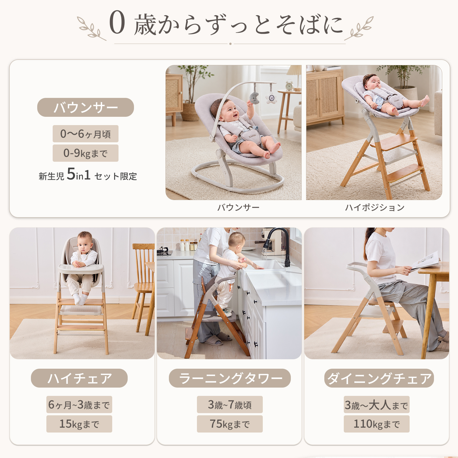 GUMODE 【3in1＆5in1】木製 マルチベビーチェア 赤ちゃん 椅子 テーブル ハイチェア キッズチェア ラーニングタワー バウンサー  ダイニングチェアー 折りたたみ | GU MODE | 03