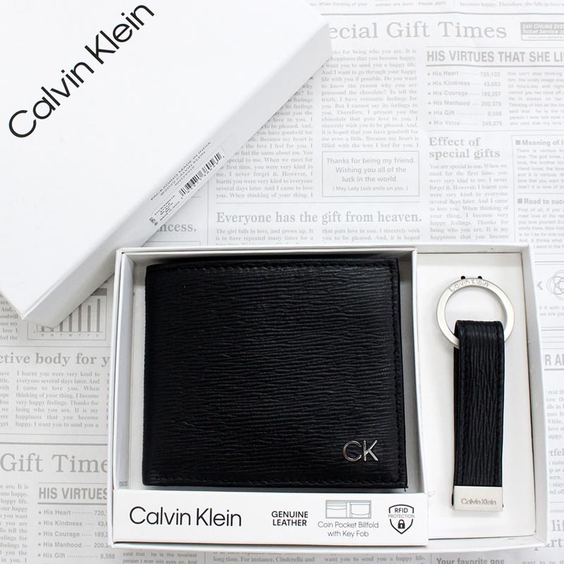 Calvin Klein CK リアルレザーエンボス2つ折り財布 ウォレット キーリング付き メンズ...