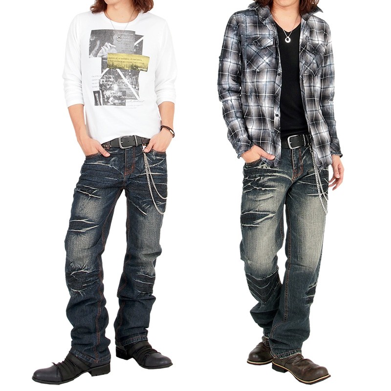 メンズ リップドダメージ加工 デニムパンツ ストレート 男女兼用 ROOP TOKYO ジーンズ ダメージ加工デニムパンツ 裾ジップ メンズ