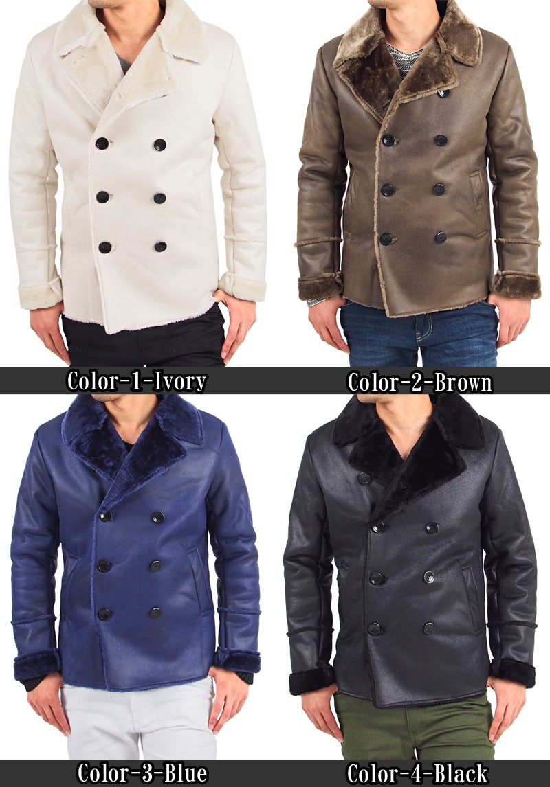 ピーコート メンズ Pコート タイト 細身 フェイクムートン 防寒 コート