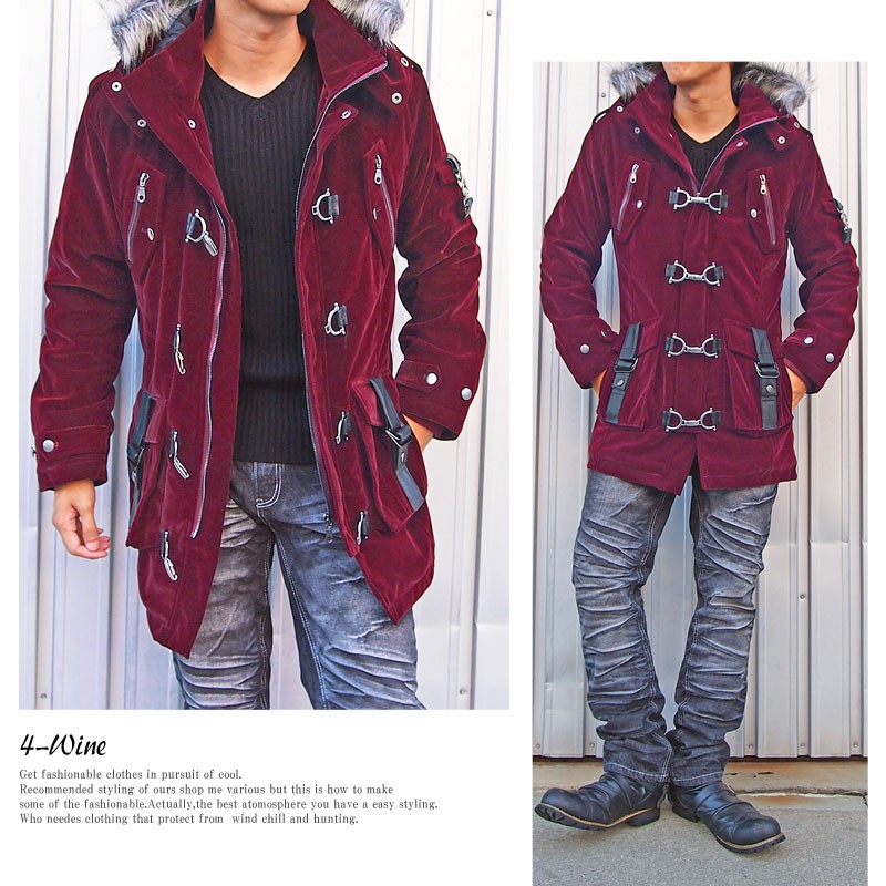 ロングコート メンズ コート ファイヤーマン ベルベット ベロア 中綿