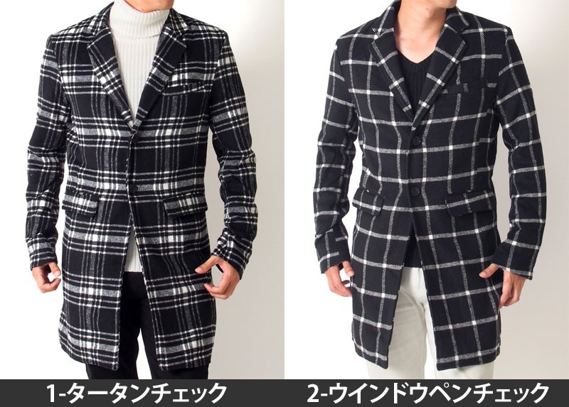 チェスターコート メンズ ロングコート タータンチェック柄 ウインドウ