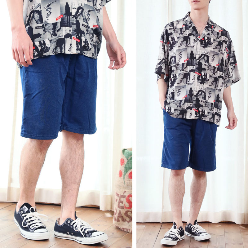 ショートパンツ メンズ ハーフパンツ インディゴ染め 裏毛素材
