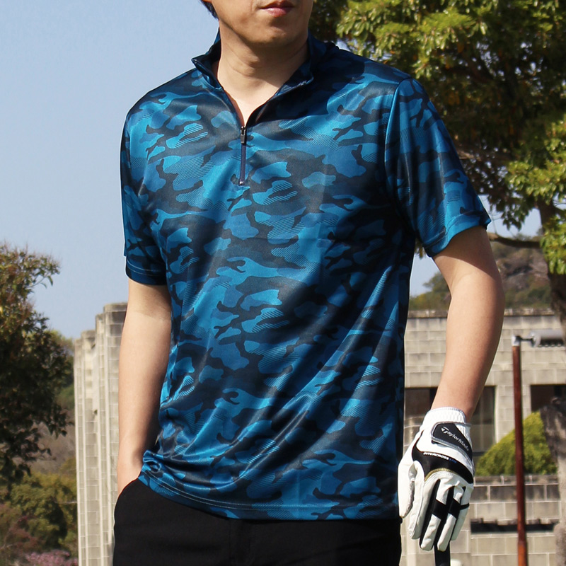 【極美品・近年モデル】BEAMS GOLF　ポロシャツ　カモフラ柄　メッシュ素材 ゴルフ ハーフジップ ポロシャツ メンズ ゴルフウェア 速乾ドライ