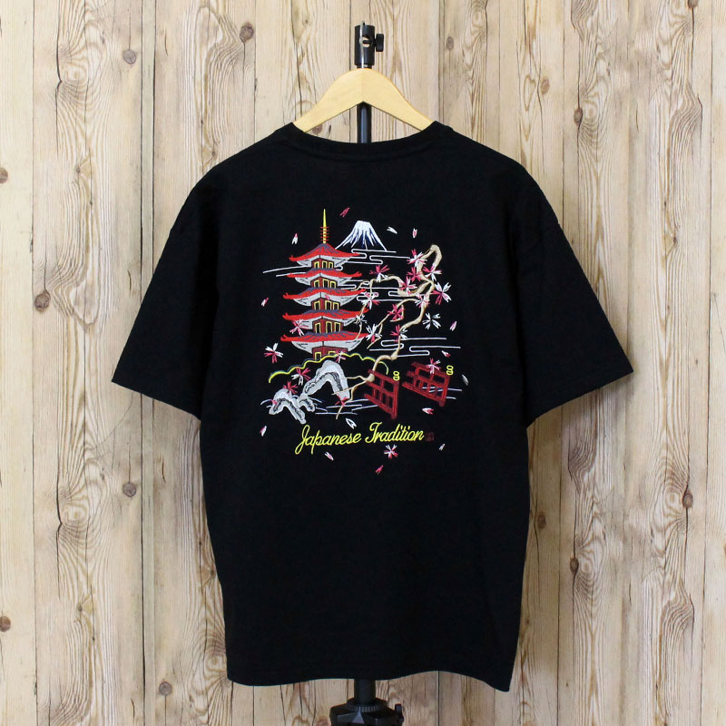 Tシャツ メンズ 半袖 刺繍入り スカジャンの柄Tシャツ クルーネック