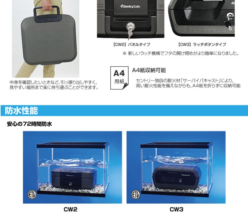 安全Shopping セントリー ポータブル耐火 防水保管庫 ウォータープルーフ CWシリーズ CHW20101 フラットキー 30分耐火  A4サイズ対応 7.8L CW2 discoversvg.com