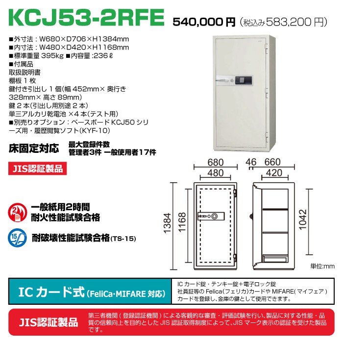 車上渡し】日本アイエスケイ 耐火金庫 KCJ53-2RFE ICカード式日本製