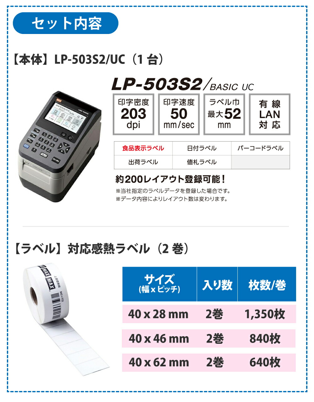 セット商品】【食品表示】MAXマックス ラベルプリンタ LP-503S2/UC (楽