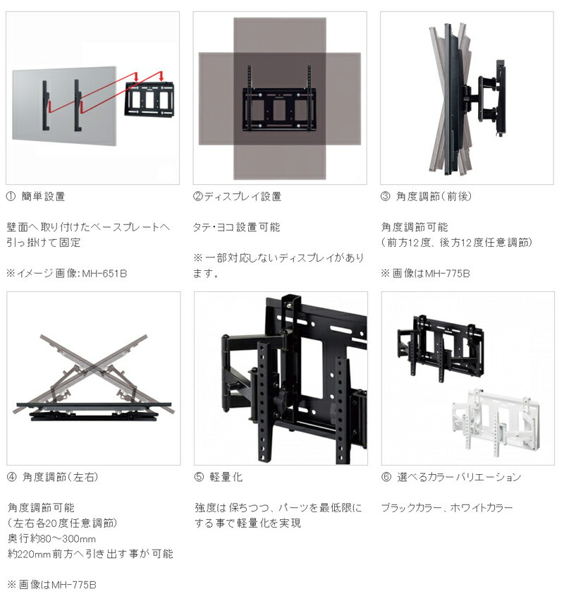 ハヤミ工産 MH-775B ブラック 〜70V型対応 左右首振可 壁掛金具 メーカー直送 前後左右角度調整タイプ