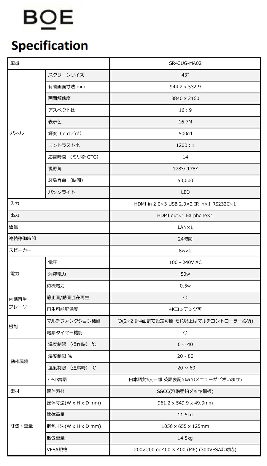 受注生産品) 協同コム マルチ表示対応4Kデジタルサイネージ 43インチ