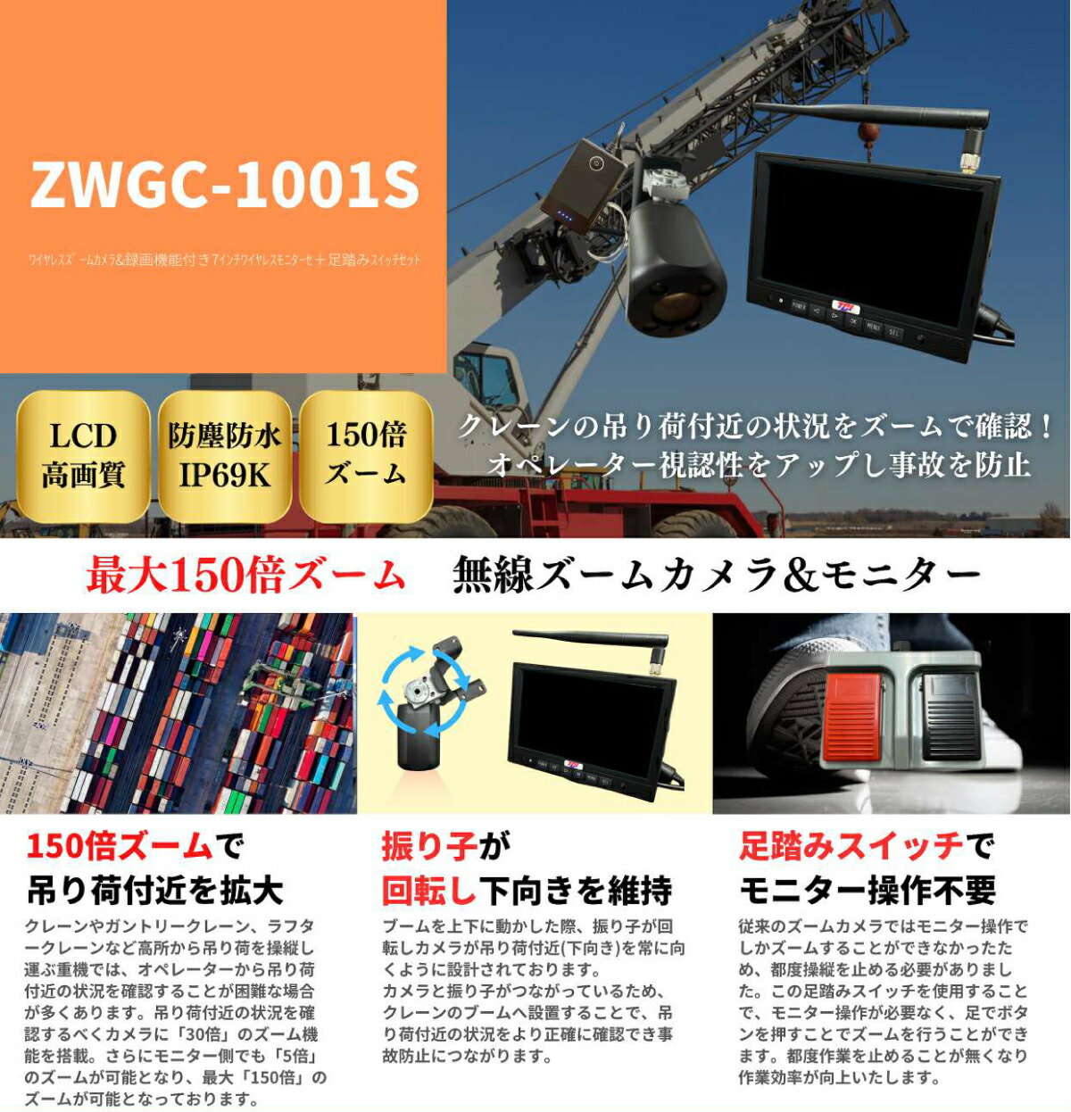 TCI クレーン用無線150倍ズームカメラ＆モニター ZWGC-1001S : zwgc-1001s : トップジャパンYahoo!店 - 通販 -  Yahoo!ショッピング