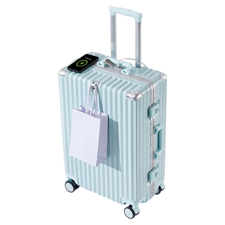 スーツケース M 大型 大容量  usbポート ブルー  カップホルダー付 スーツケース フロントオープン ダブルキャスター USBポート ドリンク