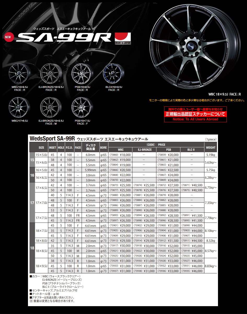 WedsSport SA-99R 7.5J-17インチ (45) 5H/PCD114.3 EJ-BRONZE ホイール