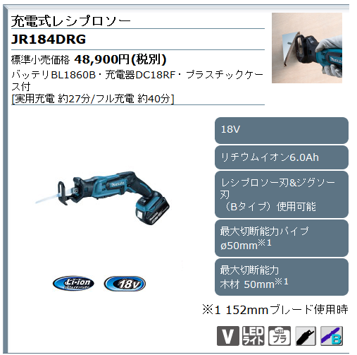 マキタ 18V充電式レシプロソー JR184DRG(6.0AhバッテリーBL1860B1個