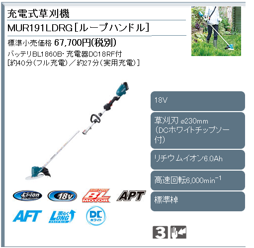 マキタ（makita） 18V充電草刈機 MUR191LDRG(シャフト分割式ループ