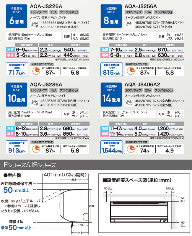 JSシリーズ ルームエアコン 冷房/暖房：6畳程度 AQUA AQA-JS226A-W スタンダードモデル ホワイトの画像