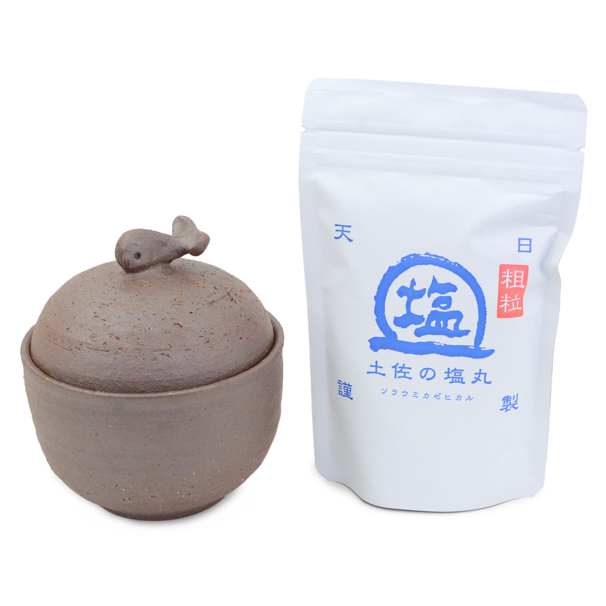 塩壺 焼き物 一点もの 手づくり 陶器 土佐の塩丸 天日塩 粗粒 200g