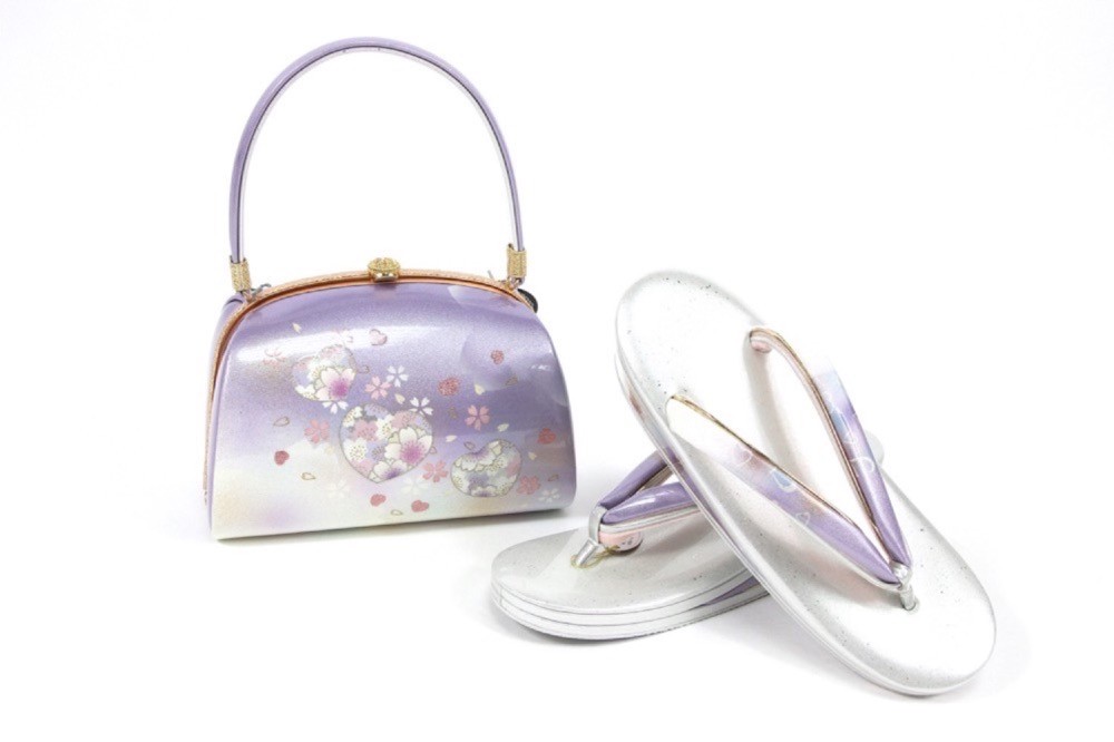 呉服屋 本革 草履バッグセット 銀×紫 紫×白×ピンク 草履24.0cm 着物
