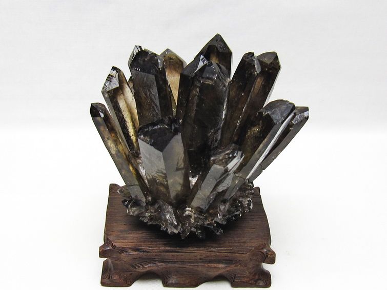 天然水晶 置物 結晶状 黒色台座付き 約15cm モリオン クラスター 黒水晶 原石 台座付属 一点物 送料無料 182-8689