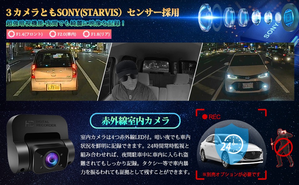ドライブレコーダー 360度 前後カメラ 3カメラ 360度全方位保護 分離型 Sony Starvisセンサー 200万画素 Full HD  超広視野角 超強暗視機能 HDR/WDR 赤外線搭載 :ur15x-:TOSJAPAN - 通販 - Yahoo!ショッピング