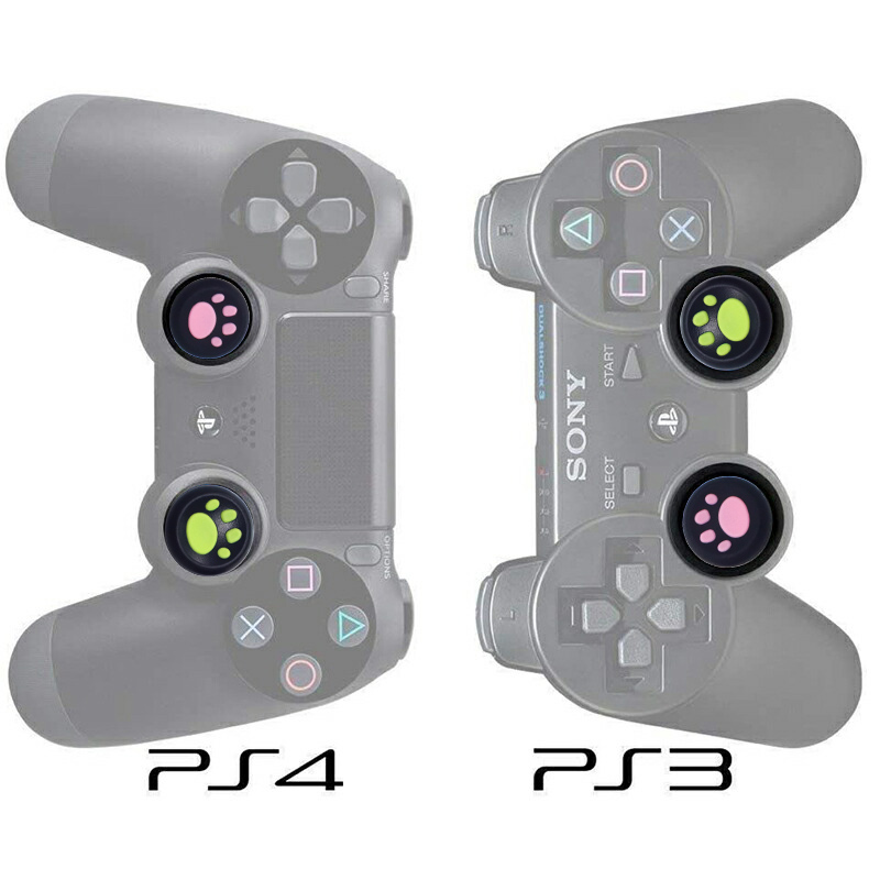 PS3 PS4 PS5 XBOX ONE 360対応 アナログスティックカバープレステ コントローラ  Switch Proコン 肉球 猫 左右セット 黒ピンク 黒グリーン  各色2個 4個セット｜tougen｜02