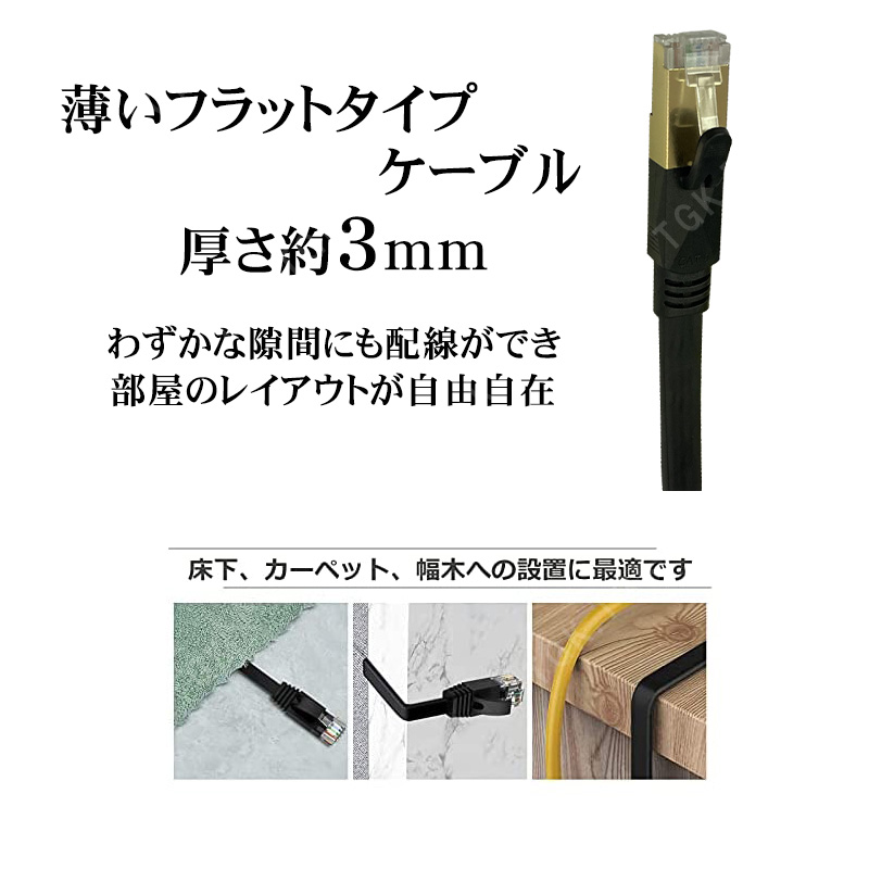 薄型フラットLANケーブル 1m 2m 3m 4m 5m cat8 3mm厚 ゴールドメッキ