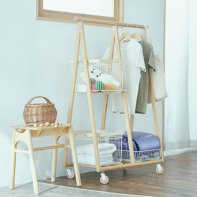 Liv CARRY BASKET HANGER-R ハンガーラック ワゴン付き キャスター付き 持ち運びワゴン 木製 おしゃれ オープンラック 洋服収納 省スペース ナチュラルテイスト 