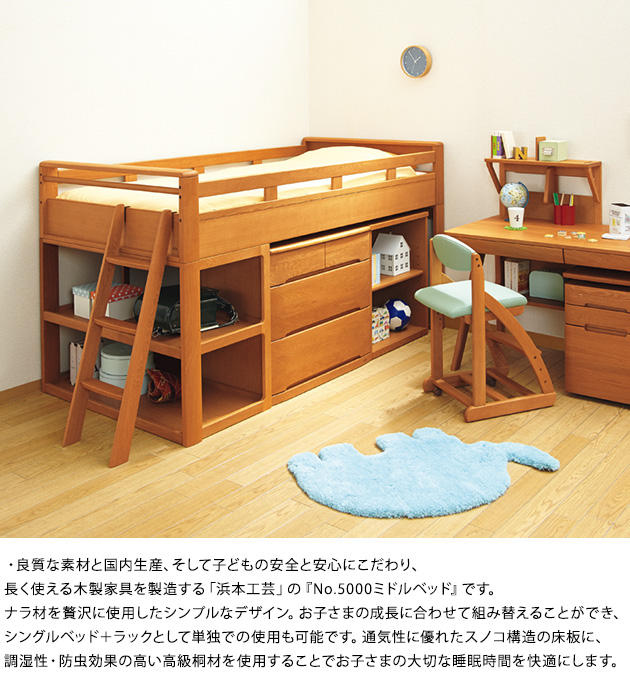 浜本工芸 No.5000ミドルベッド 210cm×107cm  ベッド フレーム すのこ シンプル 日本製 ベッドフレーム 子供部屋 キッズ 長く使える  