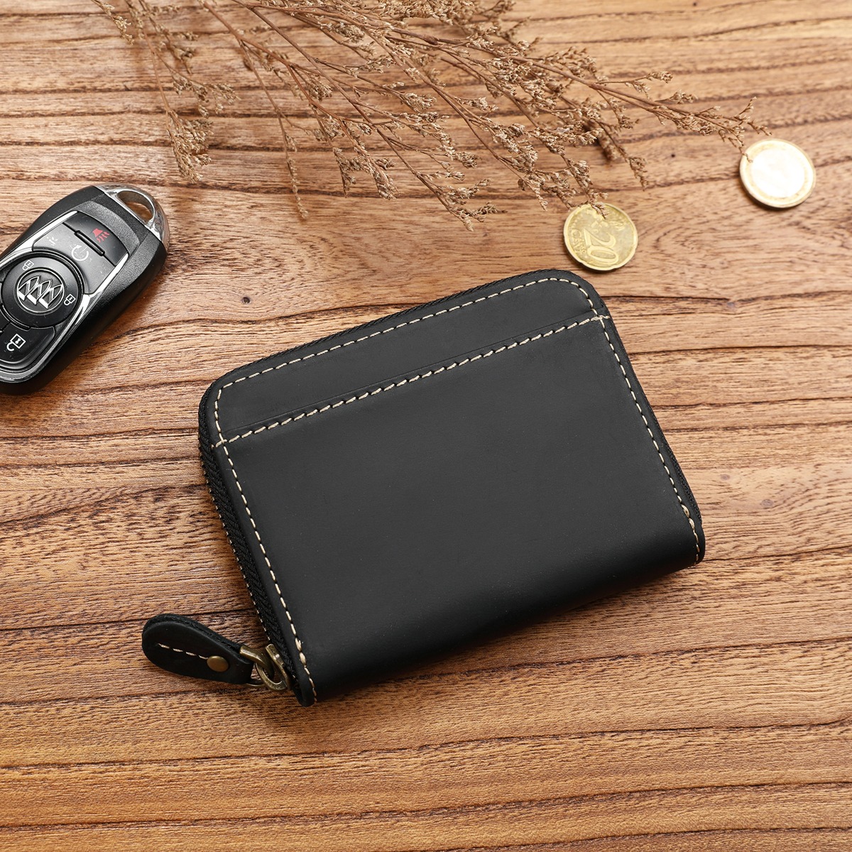 【訳あり品】L字ミニウォレット　black 二つ折り財布 ミニ財布 メンズ 本革 コンパクト L字ファスナー 薄い