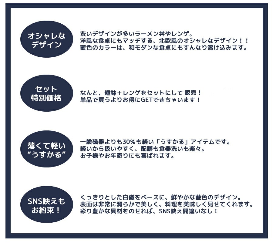 ラーメン丼 レンゲ 食器セット オーランドUK麺鉢+レンゲお値打ちセット ラーメン鉢 直径19cm 軽量 うすかる 白磁 蓮華 ラーメン鉢 藍色 北欧風 美濃焼 国産｜touki-furusato｜02