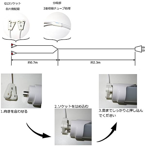G13用ソケットプラグコード TK-LTSC02 両側給電方式LED蛍光灯用