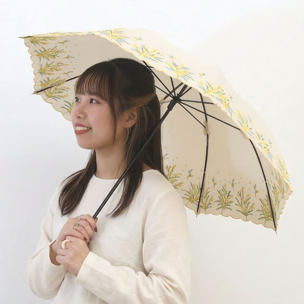 because（ビコーズ） ミモザ刺繍 レイングッズ 晴雨兼用 UVカット 長傘